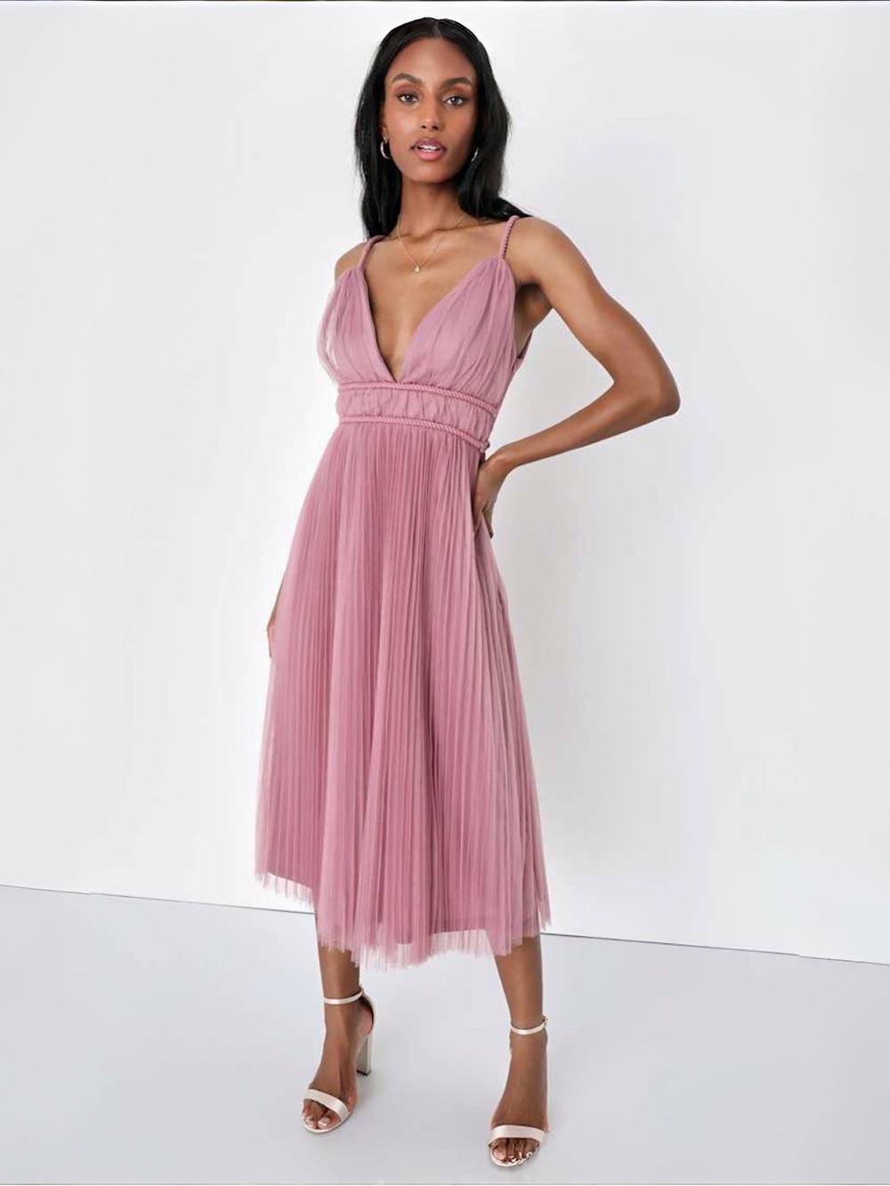 Lulus Sweet Goddess Mauve Mesh Pleated Sleeveless Midi Dress Sz XS NWT